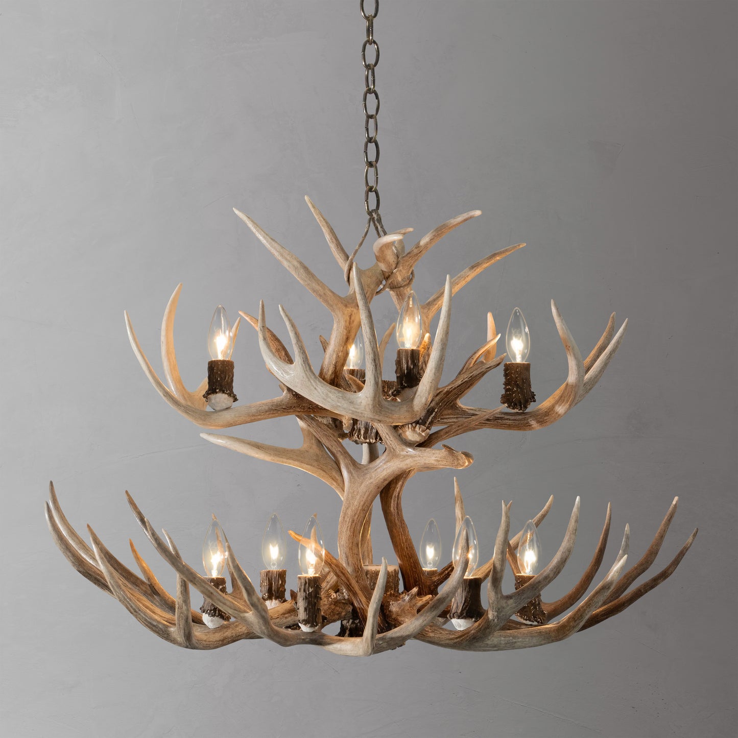 The Two Tier Antler Chandelier is made near Jackson Hole, Wyoming using the very best naturally dropped mule deer antlers for the base and whitetail antlers for the top tier.