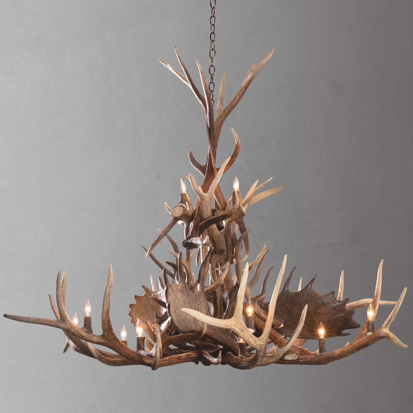 The Grand Teton Antler Chandelier is an elk, moose, and deer antler chandelier measuring about 7 feet wide and crafted by hand near Jackson Hole, Wyoming.