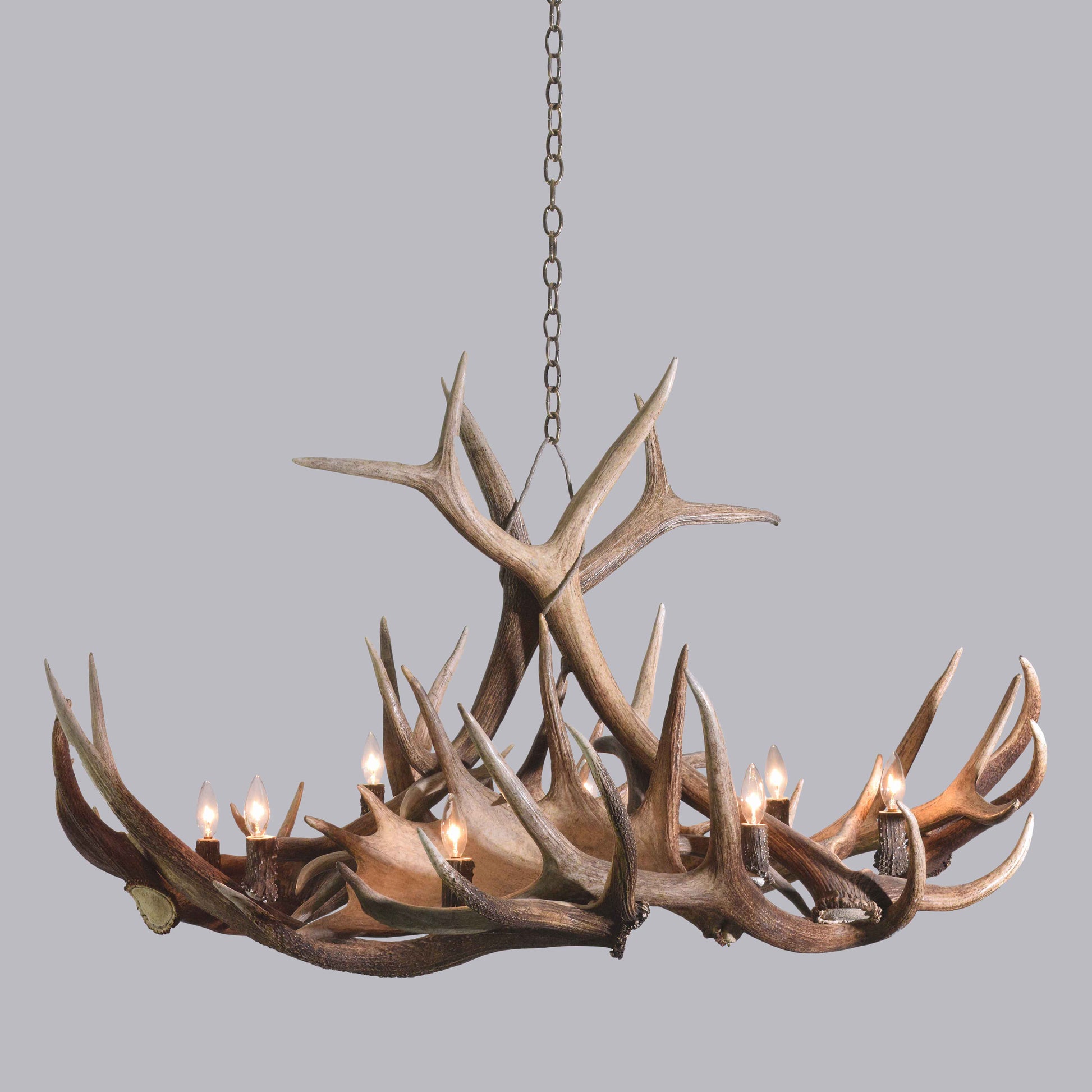 The Jenny Lake Antler Chandelier measures 5 feet across and is handcrafted near Jackson Hole, Wyoming from naturally dropped elk, moose, and deer antlers.