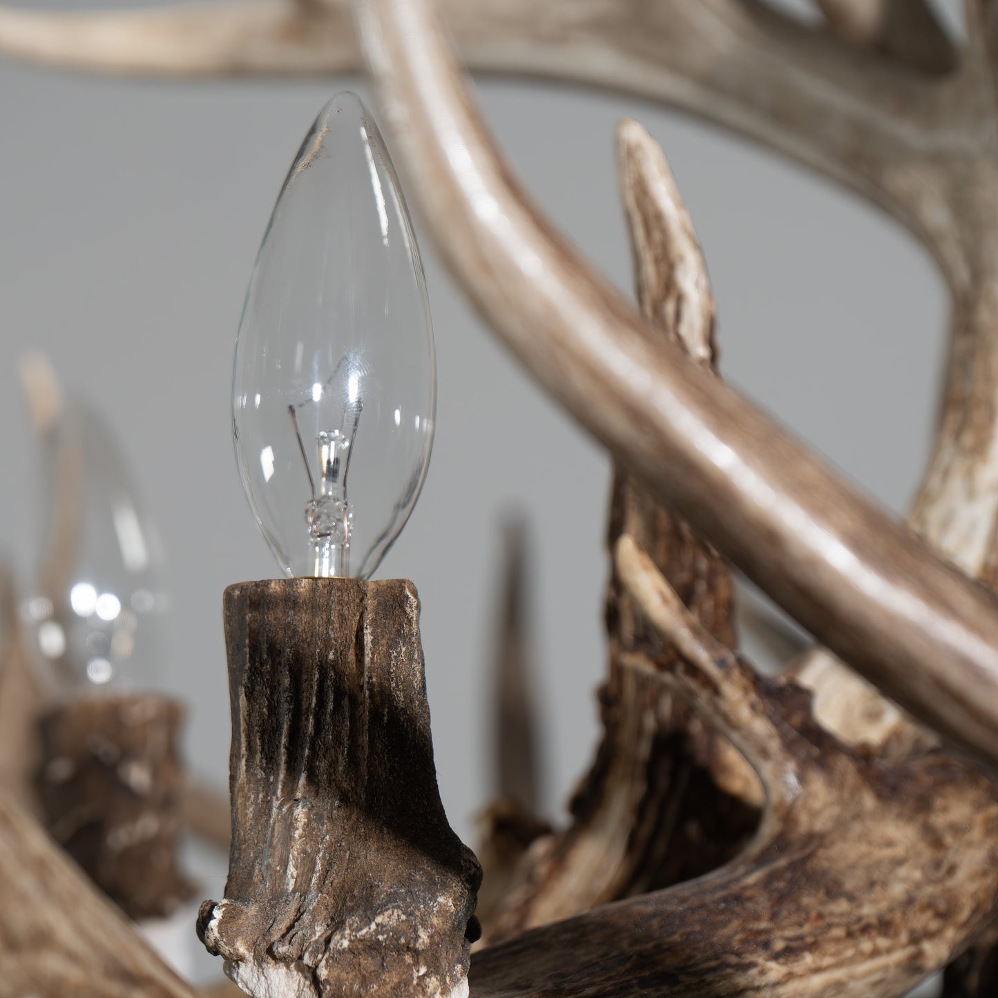 Proprietary light cups are crafted from a mold to ensure beautiful blending with the natural antler on the chandelier while providing maximum safety. 